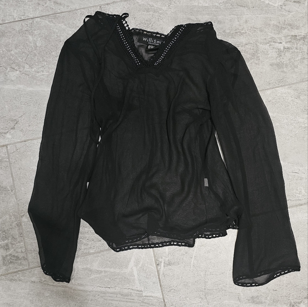 Willi Smith 100% Silk Black Sheer Blouse